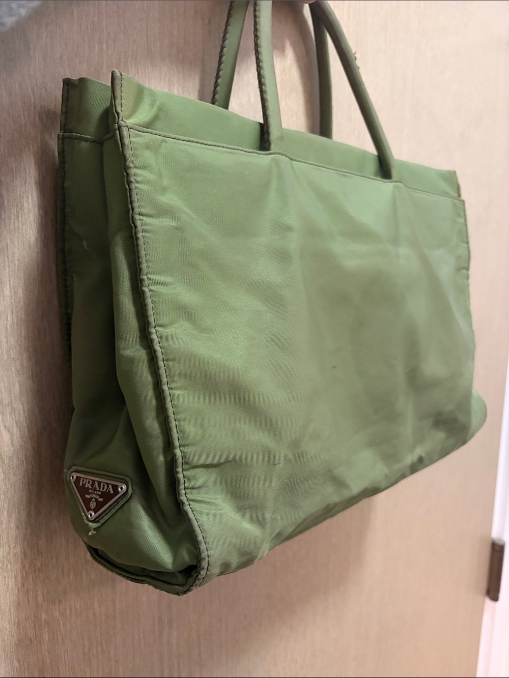 Prada Olive Green Nylon Tote with Logo Plaque
